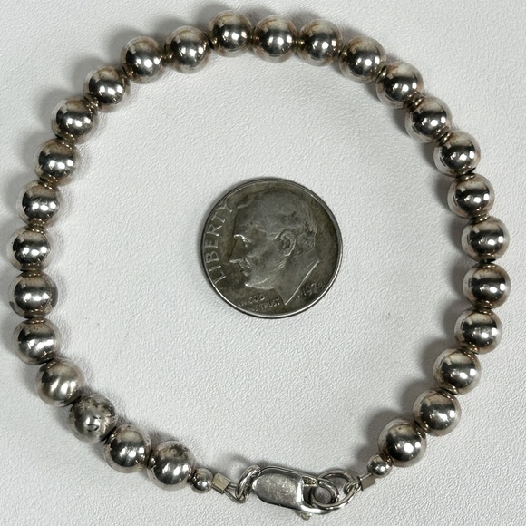 Vintage 6mm Sterling Silver Beaded Bracelet 925 7” Long Lobster Claw Clasp - Picture 2 of 6